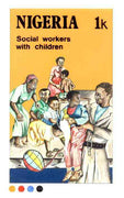 Nigeria 1986 Nigerian Life Def series - original hand-painted artwork for 1k value (Social Workers with Children) by unknown artist on card 127 mm x 220 mm endorsed A1