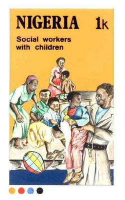 Nigeria 1986 Nigerian Life Def series - original hand-painted artwork for 1k value (Social Workers with Children) by unknown artist on card 127 mm x 220 mm endorsed A1