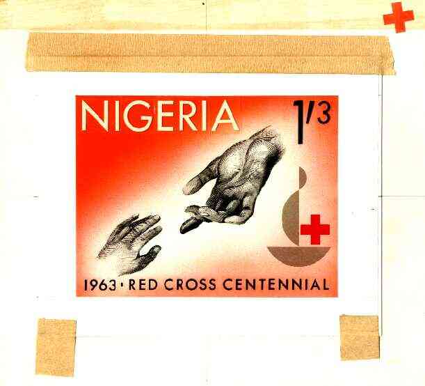 Nigeria 1963 Red Cross Centenary - original hand-painted artwork for 1s3d value (Outstretched hands) probably by M Goaman on board 134 x 100 mm