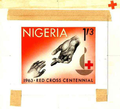 Nigeria 1963 Red Cross Centenary - original hand-painted artwork for 1s3d value (Outstretched hands) probably by M Goaman on board 134 x 100 mm