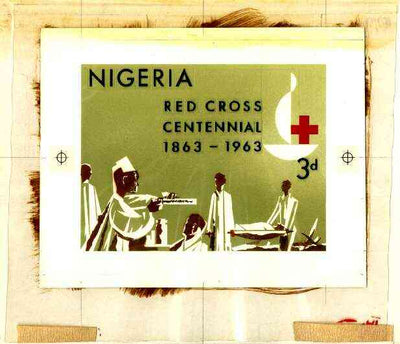 Nigeria 1963 Red Cross Centenary - original hand-painted artwork for 3d value (Stretcher carriers) probably by M Goaman on board 134 x 100 mm