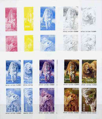 Batum 1995 Big Cats sheet containing complete set of 4, the set of 7 imperf progressive colour proofs comprising the 4 individual colours plus 2, 3 and all 4-colour composites unmounted mint