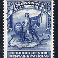 Spain Life Pension (?) stamp depicting Queen holding flag with lion & map inscribed 'Seguros De Vida Rentas Vitalicias' unmounted mint ex BW archives