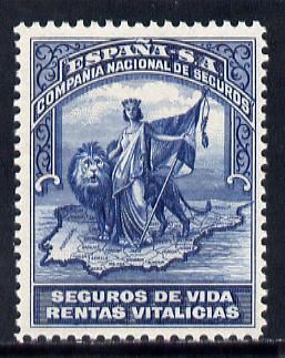 Spain Life Pension (?) stamp depicting Queen holding flag with lion & map inscribed 'Seguros De Vida Rentas Vitalicias' unmounted mint ex BW archives