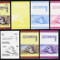 St Vincent - Grenadines 1987 Locomotives #8 (Leaders of the World) $2 (Pioneer Zephyr 3-car set) set of 7 imperf se-tenant progressive proof pairs comprising the 4 basic colours plus 2, 3 and all 4-colour composites unmounted mint