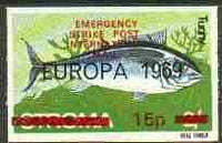 Stroma 1971 Fish 15p on 2s (Tunny) imperf single with 'Europa 1969' opt additionally overprinted 'Emergency Strike Post' for use on the British mainland unmounted mint*