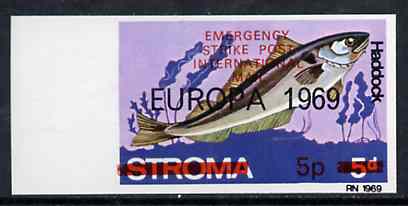 Stroma 1971 Fish 5p on 5d (Haddock) imperf single with 'Europa 1969' opt additionally overprinted 'Emergency Strike Post' for use on the British mainland unmounted mint*