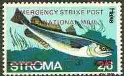 Stroma 1971 Fish 3s on 2s6d (Hake) perf single overprinted 'Emergency Strike Post' for use on the British mainland, unmounted mint*