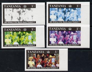 Tanzania 1987 Queen's 60th Birthday 5s set of 5 unmounted mint imperf progressive colour proofs incl all 4 colours (as SG 517)