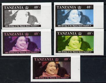 Tanzania 1987 Queen's 60th Birthday 40s set of 5 unmounted mint imperf progressive colour proofs incl all 4 colours (as SG 519)