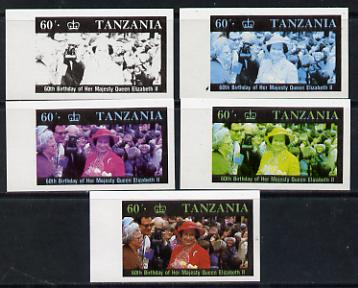 Tanzania 1987 Queen's 60th Birthday 60s set of 5 unmounted mint imperf progressive colour proofs incl all 4 colours (as SG 520)