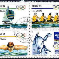 Brazil 1991 Pan-American Games & Olympics set of 3 in se-tenant block with label (yachting, Rowing, Swimming) very fine used SG 2471-73