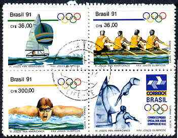 Brazil 1991 Pan-American Games & Olympics set of 3 in se-tenant block with label (yachting, Rowing, Swimming) very fine used SG 2471-73