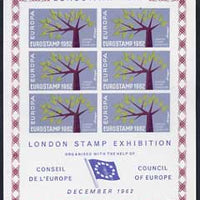 Exhibition souvenir sheet for 1962 London Stamp Exhibition showing Europa 'Tree' stamps block of 6 (blue-grey background) unmounted mint