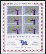 Exhibition souvenir sheet for 1962 London Stamp Exhibition showing Europa 'Tree' stamps block of 6 (blue-grey background) unmounted mint