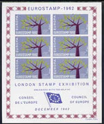 Exhibition souvenir sheet for 1962 London Stamp Exhibition showing Europa 'Tree' stamps block of 6 (blue-grey background) unmounted mint