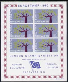 Exhibition souvenir sheet for 1962 London Stamp Exhibition showing Europa 'Tree' stamps block of 6 (blue-grey background) unmounted mint