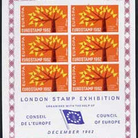 Exhibition souvenir sheet for 1962 London Stamp Exhibition showing Europa 'Tree' stamps block of 6 (orange background) unmounted mint