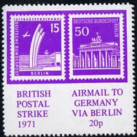 Cinderella - Germany - West Berlin 1971 Rouletted 20p purple (Airlift Monument & Brandenburg Gate Stamps) produced for use during Great Britain Postal strike unmounted mint