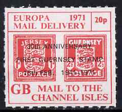 Cinderella - Channel Islands 1971 Rouletted 20p red (1d & 2.5d Occupation issues) Postal strike label opt'd 30th Anniversary of First Guernsey Stamp unmounted mint