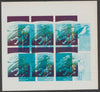 Oman 1970 Parrots sheetlet of 8 printed in blue only DOUBLY PRINTED with Space Achievements (Space Walk) sheet of 6 in blue, magenta & yellow, imperf on gummed paper - a spectacular and most unusual item unmounted mint