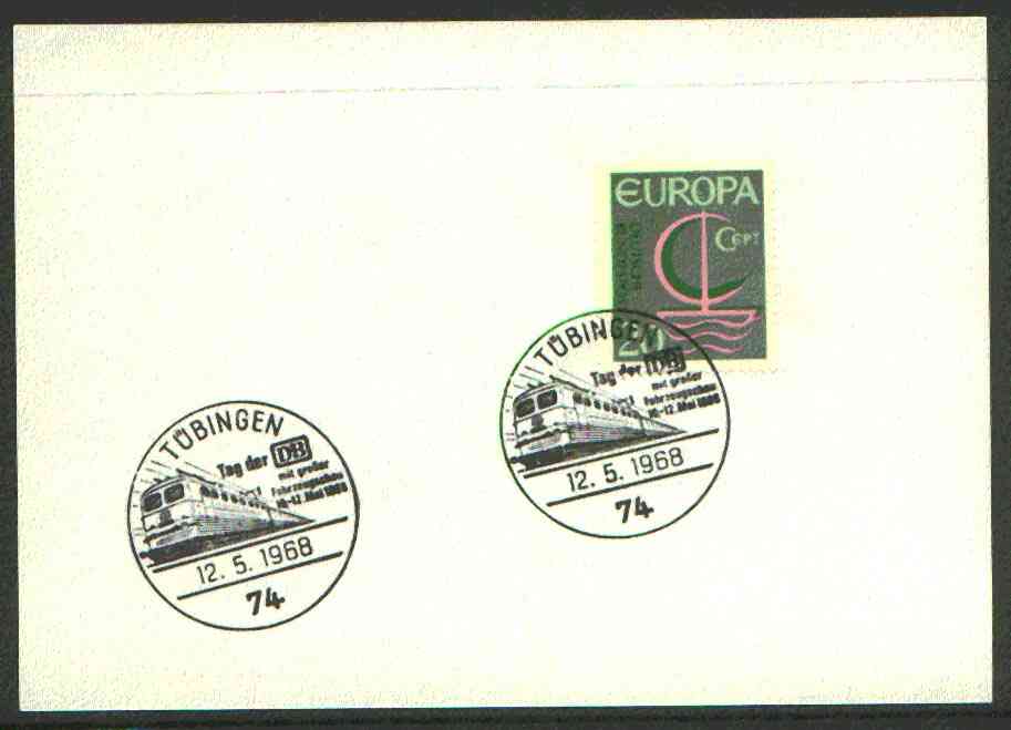 Germany - West 1968 unaddressed card with fine strike of Tübingen (74) illustrated Railway cancel