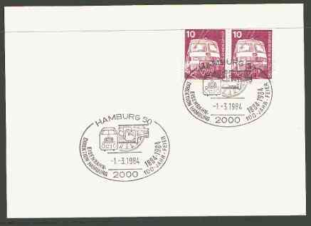 Germany - West 1984 unaddressed card with fine strike of Hamburg 50 (2000) illustrated Railway cancel