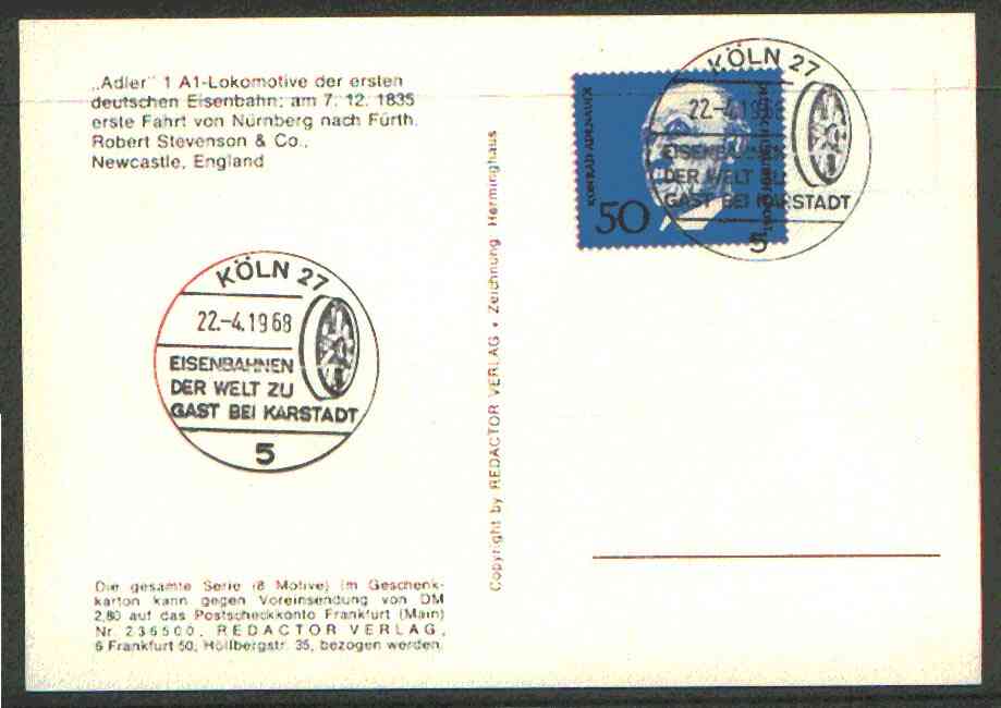 Germany - West 1968 unaddressed card with fine strike of Köln 27 (5) illustrated Railway cancel (Flanged wheel)