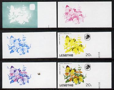 Lesotho 1984 Butterflies Lemon Traveller 20s value x 6 imperf progressive proofs comprising various individual or combination composites
