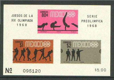 Mexico 1968 Olympic Games (4th Issue - Postage) imperf m/sheet showing Gymnastics, Boxing & Pistol shooting unmounted mint, SG MS 1164b