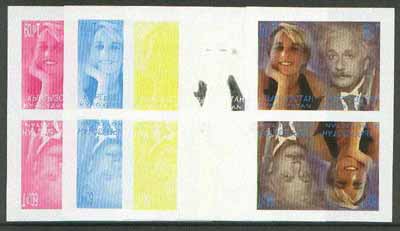 Kyrgyzstan 2000 Twentieth Century Icons - Princess Di & Einstein sheetlet of 4 (tete-beche se-tenant pair) - the set of 5 imperf progressive proofs comprising various 2-colour composites plus all 4 colours unmounted mint