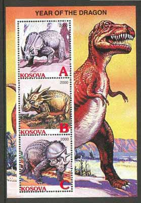 Kosova 2000 Dinosaurs (Year of the Dragon) perf sheetlet containing set of 3 values unmounted mint