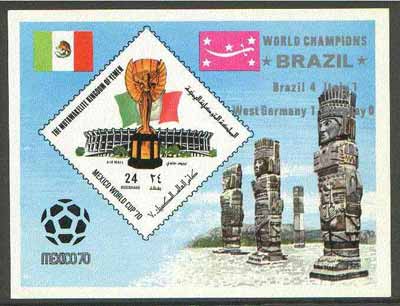 Yemen - Royalist 1970 World Cup Football 24b value (diamond shaped) imperf m/sheet unmounted mint opt'd 'Brazil World Champions' in silver