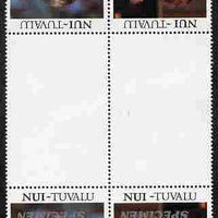 Tuvalu - Nui 1986 Royal Wedding (Andrew & Fergie) 60c perf tete-beche inter-paneau gutter block of 4 (2 se-tenant pairs) overprinted SPECIMEN in silver (Italic caps 26.5 x 3 mm) with overprint inverted on one pair unmounted mint f……Details Below