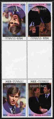 Tuvalu - Nui 1986 Royal Wedding (Andrew & Fergie) 60c perf tete-beche inter-paneau gutter block of 4 (2 se-tenant pairs) overprinted SPECIMEN in silver (Italic caps 26.5 x 3 mm) with overprint inverted on one pair unmounted mint f……Details Below