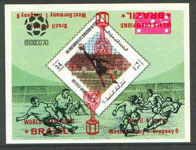 Yemen - Royalist 1970 World Cup Football 34b value (diamond shaped) imperf m/sheet unmounted mint opt'd 'Brazil World Champions' in red with opt DOUBLED (one inverted)
