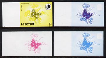 Lesotho 1984 Butterflies Blue Pansy 4s value x 4 imperf progressive proofs comprising various individual or combination composites