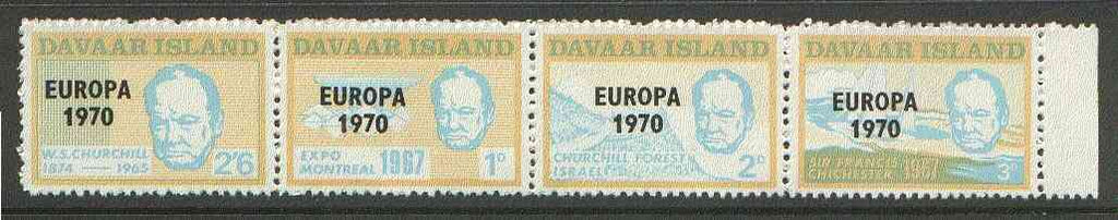 Davaar Island 1970 Europa opt on 1967 Churchill perf def strip of 4 (Chichester Boat, Forest etc) unmounted mint