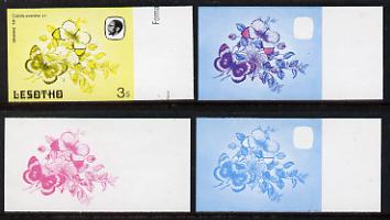 Lesotho 1984 Butterflies Orange Tip 3s value x 4 imperf progressive proofs comprising various individual or combination composites
