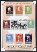 Exhibition souvenir sheet for 1979 London Stamp Fair showing,Portugal Rowland Hill set of 8, with 'ROLAND' error, unmounted mint. NOTE - this item has been selected for a special offer with the price significantly reduced