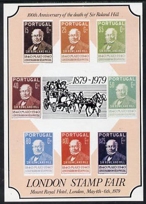 Exhibition souvenir sheet for 1979 London Stamp Fair showing,Portugal Rowland Hill set of 8, with 'ROLAND' error, unmounted mint. NOTE - this item has been selected for a special offer with the price significantly reduced
