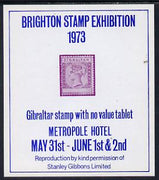 Exhibition souvenir sheet for 1973 Brighton Stamp Exhibition showing Gibraltar QV 'no value' error unmounted mint