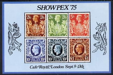 Exhibition souvenir sheet for 1975 Showpex showing,Great Britain 1939 High values (6) unmounted mint