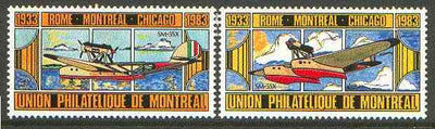 Cinderella - Canada 1933 set of 2 beautifully coloured labels showing the Savoir-Macchi 55X produced by Union Philatelique de Montreal unmounted mint