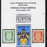 Exhibition souvenir sheet for 1972 Runcorn Christmas Stamp Exhibition showing Jersey Wartime pair plus Staffa 'local'