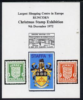 Exhibition souvenir sheet for 1972 Runcorn Christmas Stamp Exhibition showing Jersey Wartime pair plus Staffa 'local'