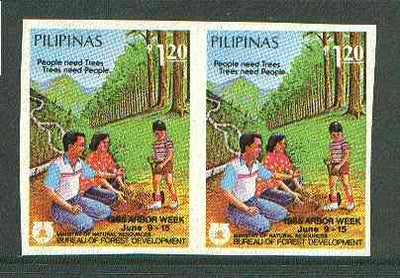 Philippines 1985 Tree Week 1p20 imperf pair on gummed wmk'd paper (from the single imperf archive sheet) as SG 1924