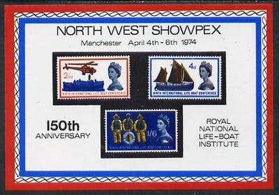 Exhibition souvenir sheet for 1974 North West Showpex showing Great Britain Lifeboat set of 3 unmounted mint
