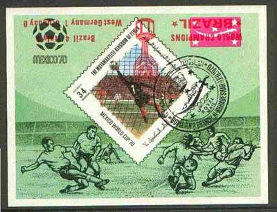 Yemen - Royalist 1970 World Cup Football 34b value (diamond shaped) imperf m/sheet cto used opt'd 'Brazil World Champions' in red with opt INVERTED