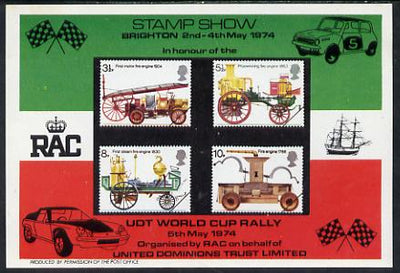 Exhibition souvenir sheet for 1974 Brighton Stamp Exhibition showing Great Britain Fire Engines set of 4 featuring UDT rally sponsored by RAC